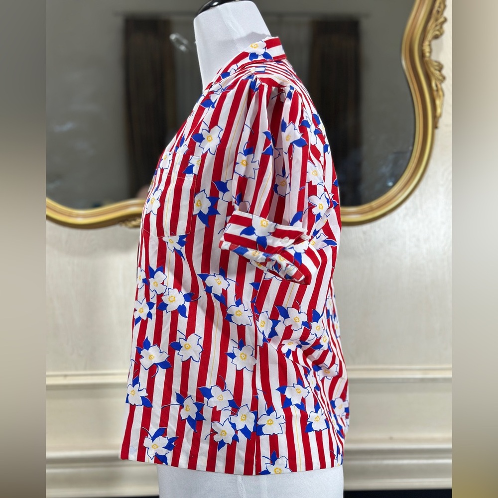 Vintage Silkhana Red White Striped Floral Button-Up Shirt | 80s 90s Blouse M - Picture 3 of 10